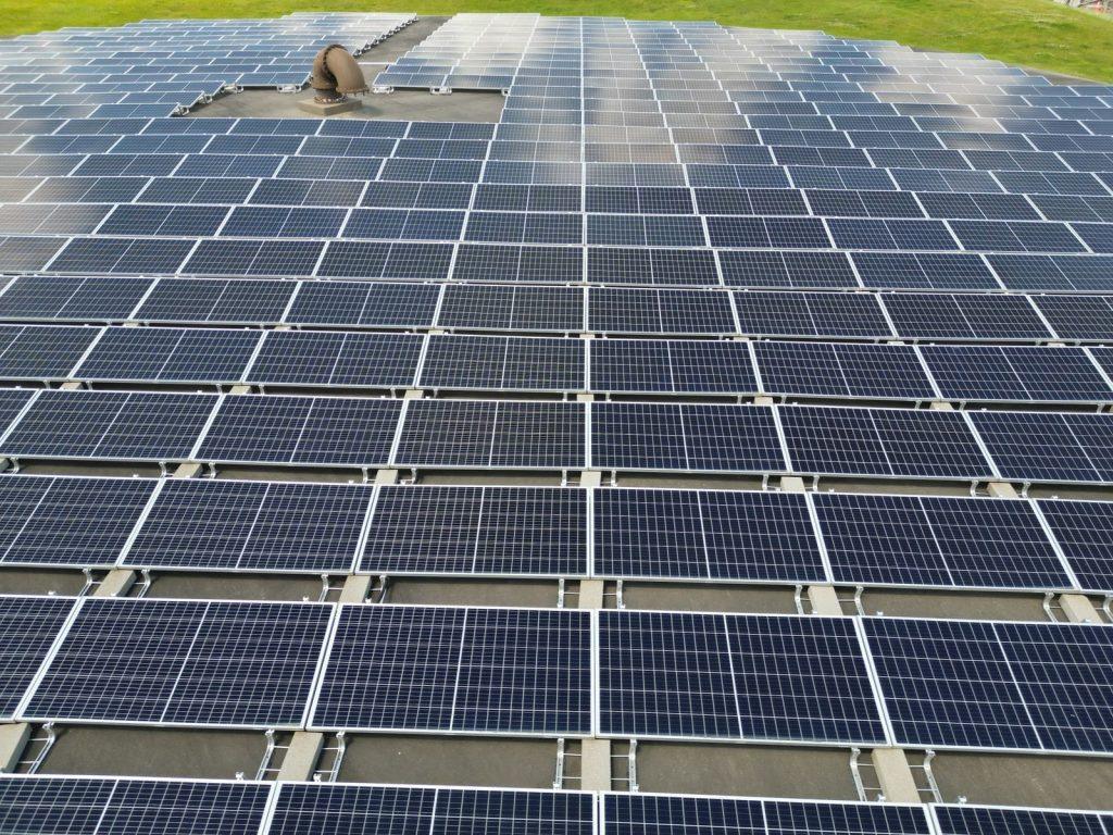 A large solar panel array on a sunny day in an open green field.